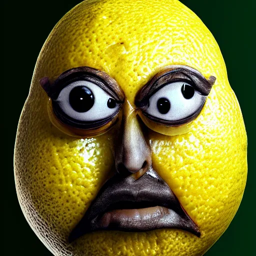 Prompt: lemon with a face, jeffrey bezos eyes nose and mouth on the side of a lemon, abstract photo