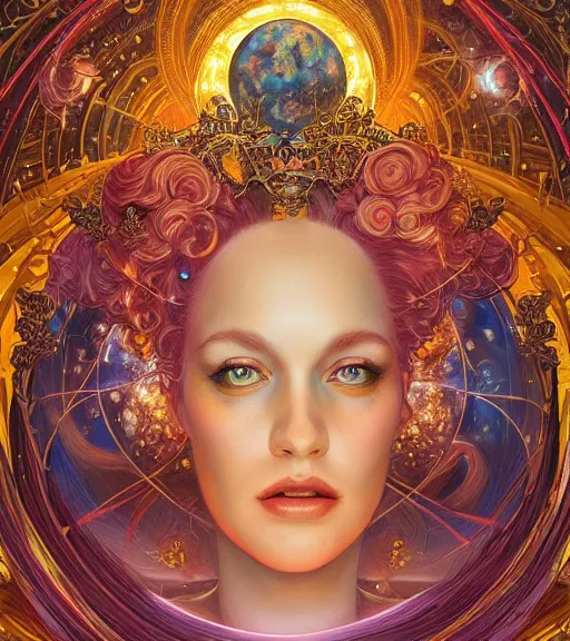 Prompt: portrait of the powerful queen of the solar system in the style of anna dittmann and in the style of donato giancola. glowing, ornate and intricate, stunning, dynamic lighting, intricate and detailed.