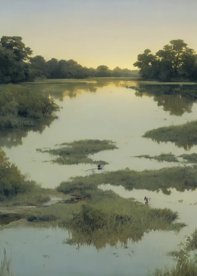 Prompt: river delta, floodplains, still pond, extremely detailed oil painting, rhads, sargent and leyendecker, savrasov levitan polenov, bruce pennington, studio ghibli, tim hildebrandt, digital art, landscape painting, trending on artstation, masterpiece