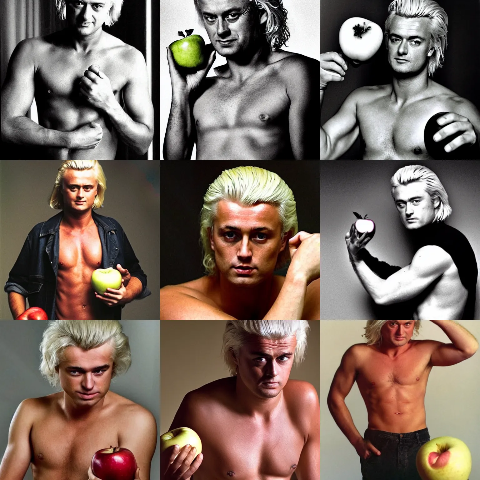 Prompt: shirtless geert wilders looking seductive holding an apple