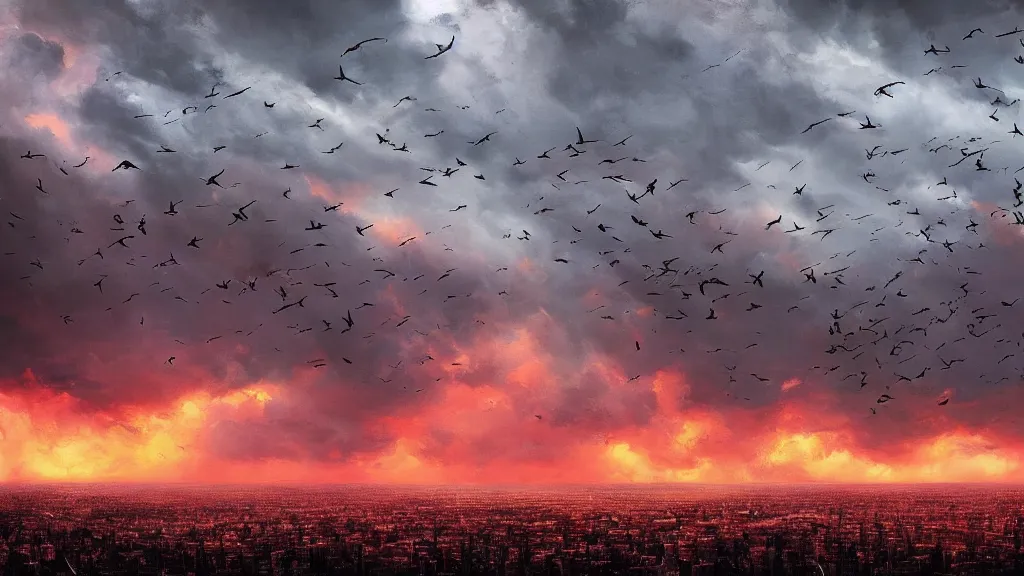 Image similar to a cinematic cityscape photograph of a dystopian future, flock of birds in the sky, a fiery cyber dragon flys in the sky, thunder and lightning, lee madgwick