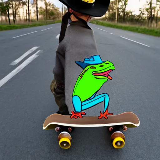 Image similar to a frog wearing a cowboy hat and riding a skateboard