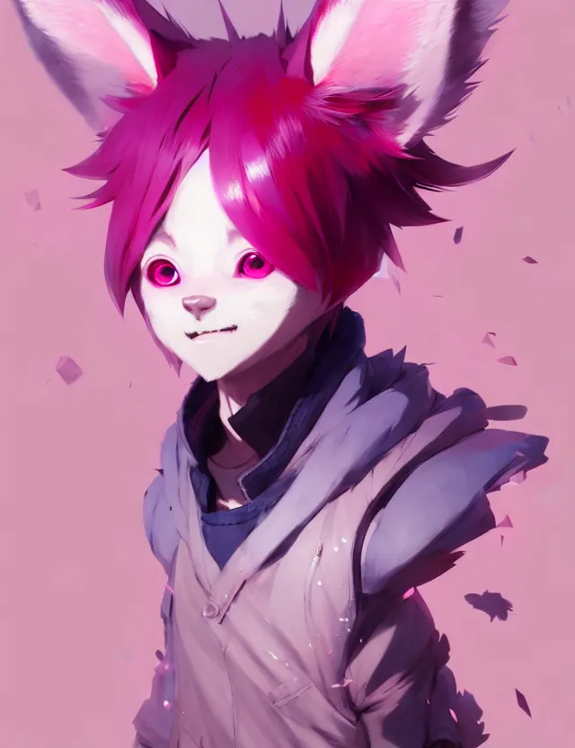 Image similar to a beautiful fullbody portrait of a cute anime boy with pink hair and pink wolf ears. character design by cory loftis, fenghua zhong, ryohei hase, ismail inceoglu and ruan jia. artstation, volumetric light, detailed, photorealistic, fantasy, rendered in octane