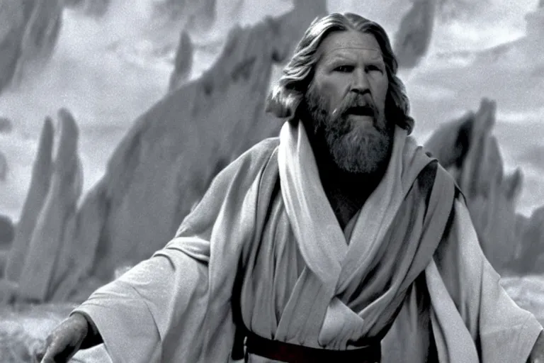 Prompt: film still of Jeff Bridges as Obi Wan Kenobi Star Wars 1977
