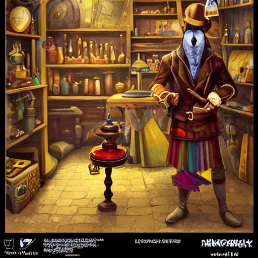 Image similar to Anthropomorphized parrot trader in his shop, selling his wares, portrait, items, weapons, magic potions, trinkets, carpet, lamps, window, fancy hat, sly expression, cunning expression, cute expression, long thick shiny black beak, D&D, fantasy, cinematic lighting, highly detailed, digital painting, artstation, concept art, smooth, sharp focus, illustration, warm light, cozy warm tint, magic the gathering artwork, volumetric lighting, 8k, art by Akihiko Yoshida, Greg Rutkowski