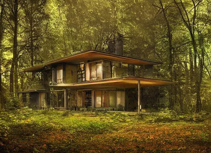 Prompt: house in a clearing in the middle of the forest, seen from afar, beautifully lit, retro science fiction vintage art, steampunk