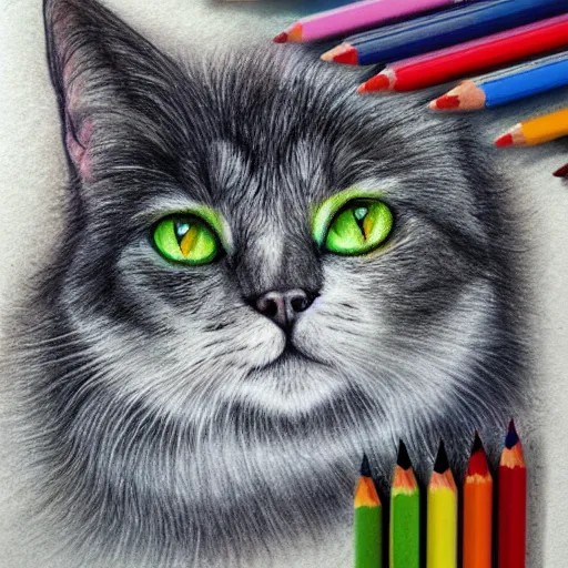 Image similar to Colored pencil art on paper, Phantom Cat, highly detailed, artstation, MasterPiece, Award-Winning, Caran d'Ache Luminance