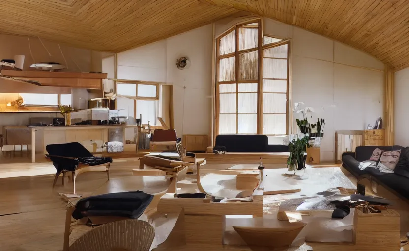 Prompt: luxurious wooden cottage by alvar aalto, modern Japanese living room, Japanese flower arrangements, coherent composition, architecturally accurate, architecture photography