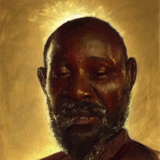 Image similar to a painting of a well fed, thinker, thoughtful, focused, visionary, calm, jovial, loving, daddy/fatherly, generous, no facial hair, elegant elder and his on from Kenya by Henry Ossawa Tanner . dramatic angle, ethereal lights, details, smooth, sharp focus, illustration, realistic, cinematic, artstation, award winning, rgb , unreal engine, octane render, cinematic light, macro, depth of field, blur, red light and clouds from the back, highly detailed epic cinematic concept art CG render made in Maya, Blender and Photoshop, octane render, excellent composition, dynamic dramatic cinematic lighting, aesthetic, very inspirational, arthouse.