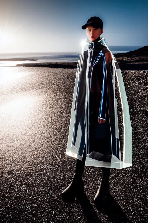 Image similar to an ultra high definition professional high fashion portrait studio full length photograph of a model wearing a transparent pearlescent raincoat and neon visor in an icelandic black rock environment at dawn. no artefacts. extremely detailed. stark. refraction. shallow depth of field. volumetric light and shadow. ray tracing. light rays.