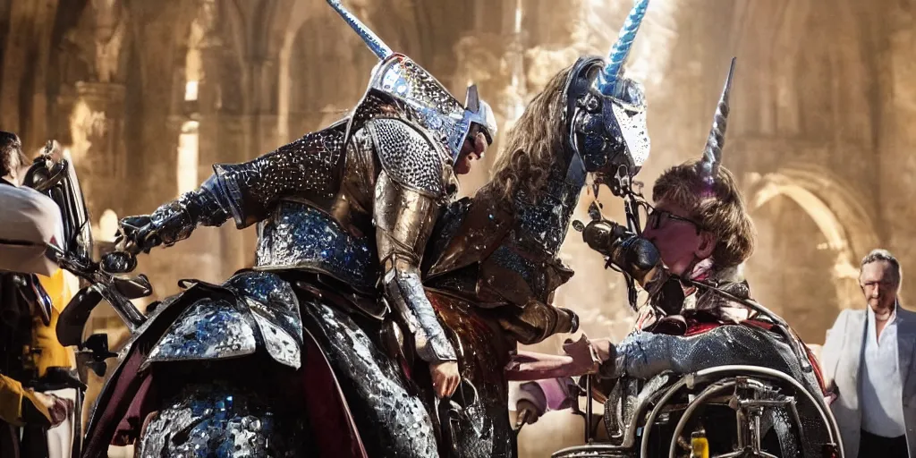 Image similar to stephen hawking jousting on a sparkly unicorn the last knight cinematic