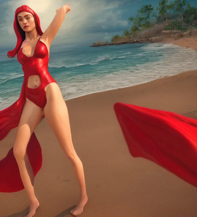 Image similar to scarlet witch in bikini at a beachside, nostalgia, very detailed texture, realistic shaded lighting, studio quality, digital art, painting background, unreal engine 5 rendered, octane rendered, pinnacle studio, naturel, trending on artstation, art style by nixeu and ian sprigger