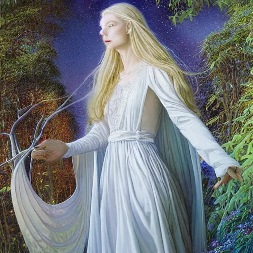 Prompt: ethereal majestic beauty white dress lady Galadriel the elven seer by Mark Brooks, Donato Giancola, Victor Nizovtsev, Scarlett Hooft, Graafland, Chris Moore