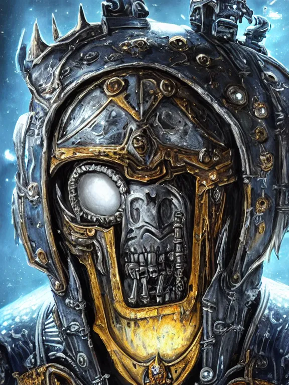 Image similar to portrait art of 8k ultra realistic undead lich king space marine , intricate high tech helmet , detailed intricate ornate space suit,decaying, cybernetic, full of colour, cinematic lighting, battered, trending on artstation, 4k, hyperrealistic, focused, extreme details,unreal engine 5, cinematic, masterpiece, art by ayami kojima, giger