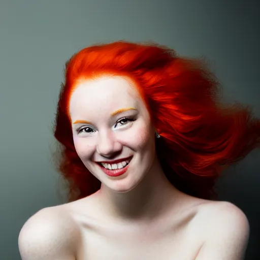 Prompt: artistic photo of a young beautiful woman with red hair looking at the camera, smiling slightly, studio lighting, award winning photo by Annie Liebowitz