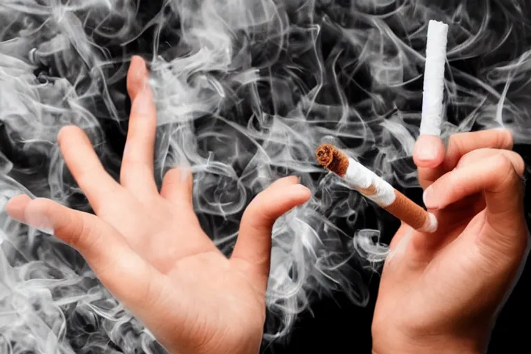 Image similar to Close-up of thin soft hand, hand with cigarette with smoke, hand with five fingers, hyper realistic, high details, photo, super resolution