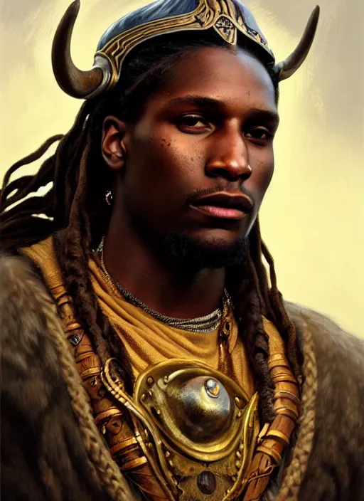 Image similar to portrait of asap rocky as a viking, intricate, headshot, highly detailed, digital painting, artstation, concept art, sharp focus, cinematic lighting, illustration, art by artgerm and greg rutkowski, alphonse mucha, cgsociety