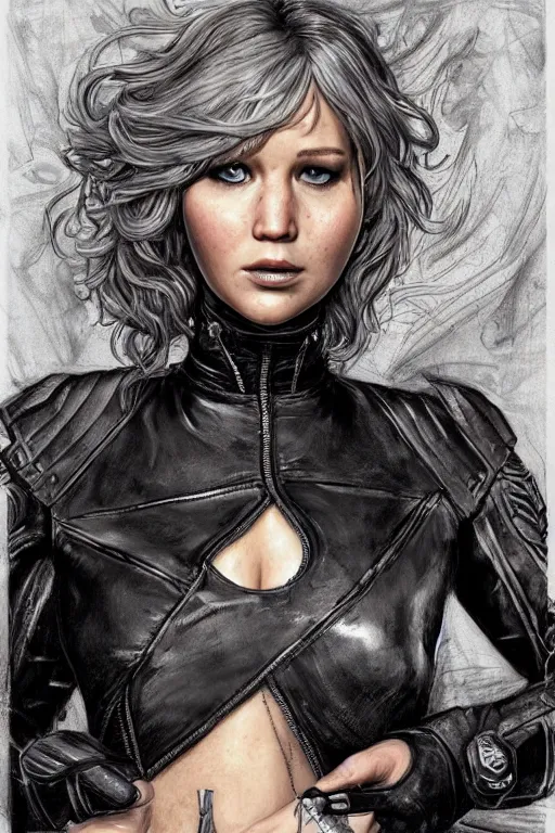 Image similar to muscled Jennifer Lawrence as a ruggedly handsome heroine , dressed in biker leather, intricate, elegant, highly detailed, centered, digital painting, artstation, concept art, smooth, sharp focus, illustration, art by artgerm and donato giancola and Joseph Christian Leyendecker, Ross Tran, WLOP