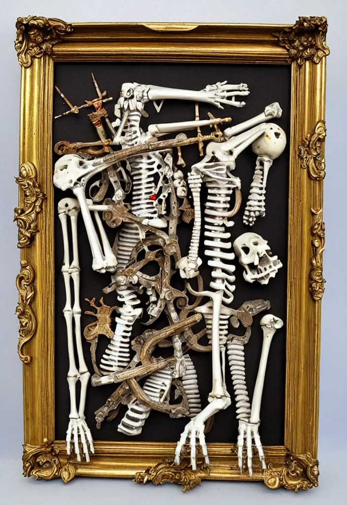 Image similar to prompt: Frame, bouget, old Victorian painting frame made out of bones, alchemical objects inspired by 1980's sci-ci, old experimentation cabinet, intricate oil painting detail, manga 1980