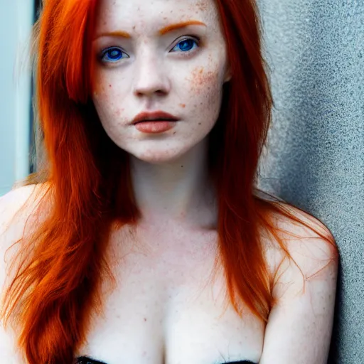 Prompt: close up portrait photo of a real beauty redhead, freckles, 8k,