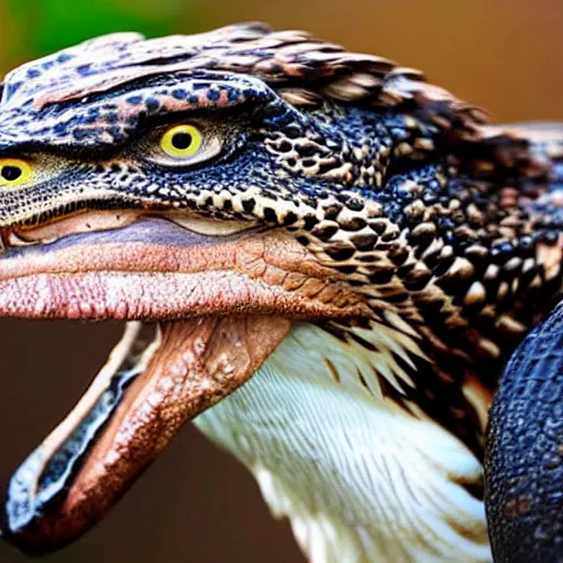 Image similar to hawk and crocodile morphed together, half crocodile, half hawk, real picture taken in zoo, realistic hawk proportions, head of crocodile is seamlessly merged with hawk head, toothy beak,