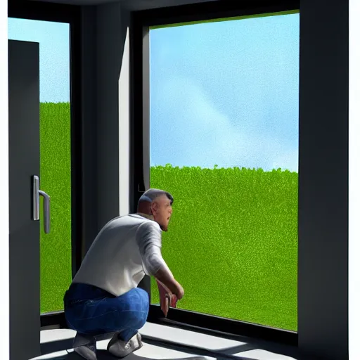 Prompt: 3 d rendered image of man oppening room window, fresh air blender 3 d keyshot unreal engine