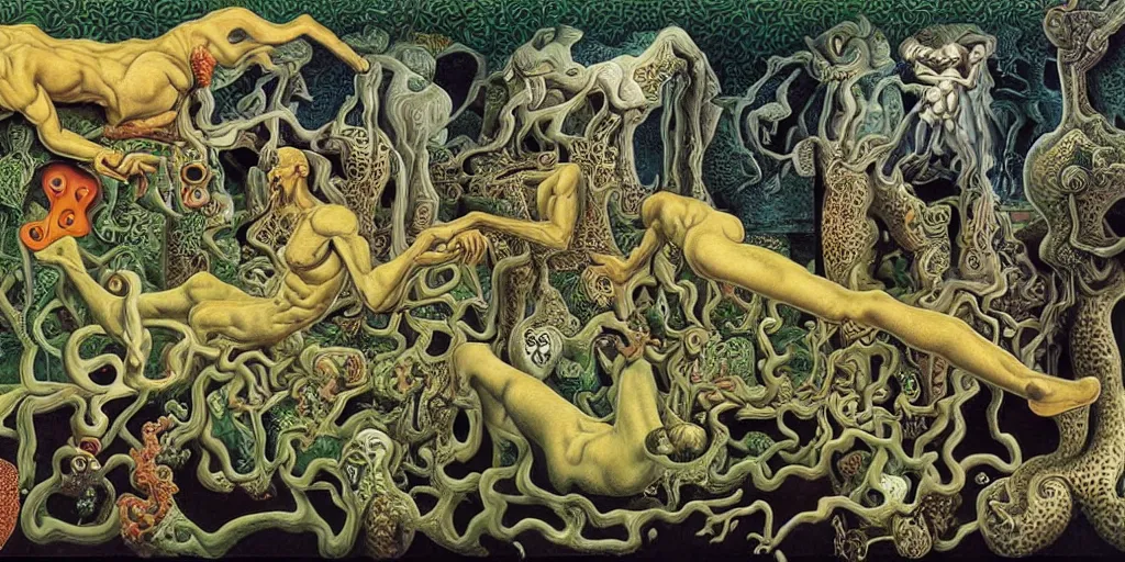 Prompt: basilisk, pain, pleasure, suffering, adventure, love, abstract oil painting by mc escher and salvador dali and raqib shaw sandman dream palace