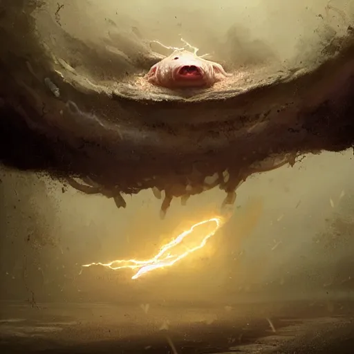 Image similar to shocked Axolotl hit by lightning from the sky in a small puddle, thunder, dramatic, dark, fantasy, digital art, hyperrealistic, Greg Rutkowski, Trending on Artstation, highly detailed