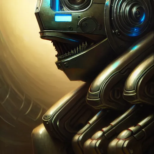 Image similar to low angle shot of a cyberpunk gazmask robot character, intricate, elegant, highly detailed, centered, digital painting, artstation, concept art, smooth, sharp focus, illustration, artgerm, Tomasz Alen Kopera, Peter Mohrbacher, donato giancola, Joseph Christian Leyendecker, WLOP, Boris Vallejo