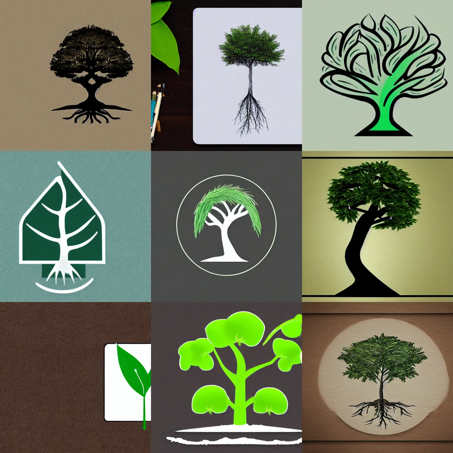 Prompt: a sleek company logo of a drawing of a sillouhette tree with roots and leaves. half of it is green