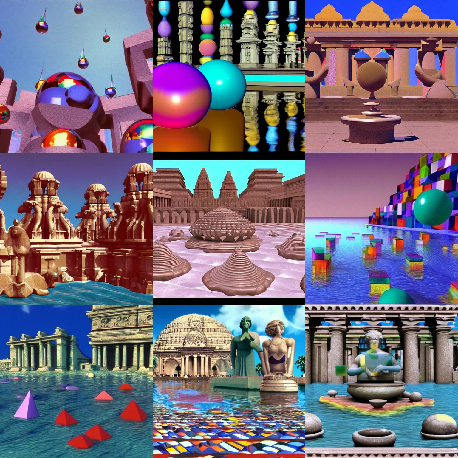 Prompt: still from a 1 9 8 3 3 d computer animation, constructive solid geometry, floating colorful geometric shapes, spheres, statues, faces, water, glass, marble, chrome, stone, dolphins, temples, clouds, vaporwave