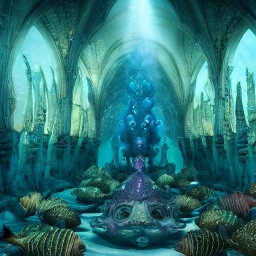 Image similar to an intricate photograph of an underwater cathedral at the bottom of the ocean surrounded by mermaids by david lachapelle, dark and scary abyssal ambient, photorealistic, octane render, unreal engine, 4 k, smooth lighting, subaquatic photography,