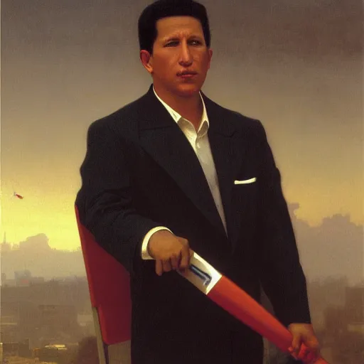 Image similar to Painting of Hugo Chavez as Patrick Bateman. Art by william adolphe bouguereau. During golden hour. Extremely detailed. Beautiful. 4K. Award winning.