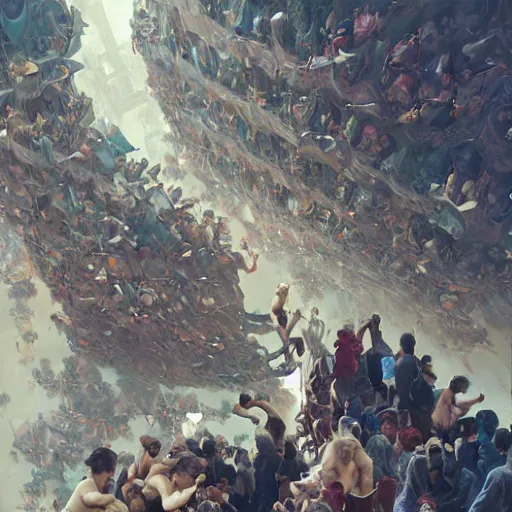 Image similar to hundreds of humans climbing on each other creating incredible surrealistic structures, highly detailed, digital painting, matte, sharp focus, art by wlop, greg rutkowski, alphonse mucha, frank frzetta, boris vallejo, bouguereau, beksinski, cinematic, octane render