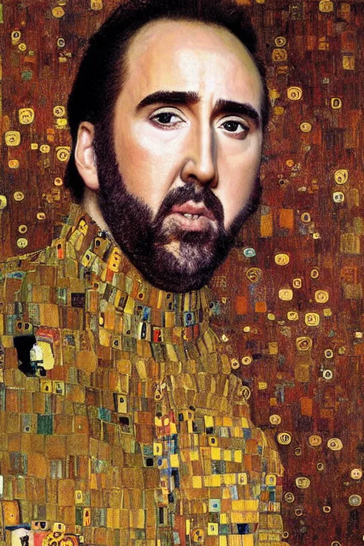 Image similar to Portrait of Nicolas Cage, beautiful art, painted by gustav klimt