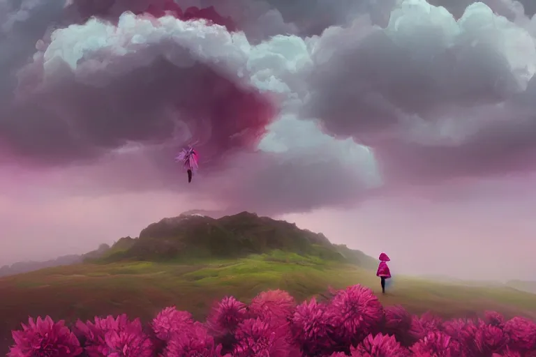 Image similar to giant dahlia flower as head, girl walking on mountain, surreal photography, pink storm clouds, dramatic light, impressionist painting, digital painting, artstation, simon stalenhag