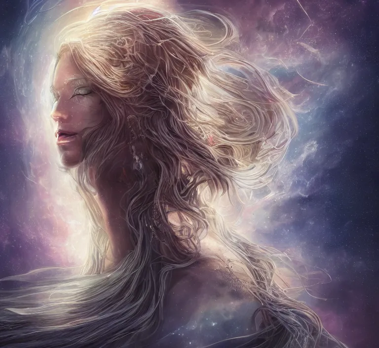 Image similar to beautiful celestial woman with long hair wrapping downward around earth seen for space, hyper-detailed, smooth, sharp focus, depth map, digital painting, apocalyptic art, fantasy dark art, 4k ultra hd, cinematic