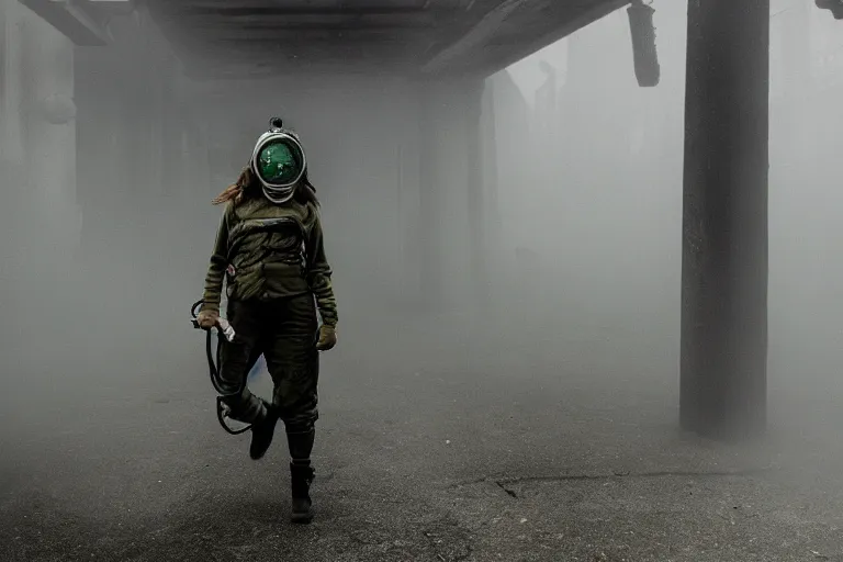 Prompt: fit badass woman in a gas mask walking oh out of a green fog In an alley by Emmanuel Lubezki