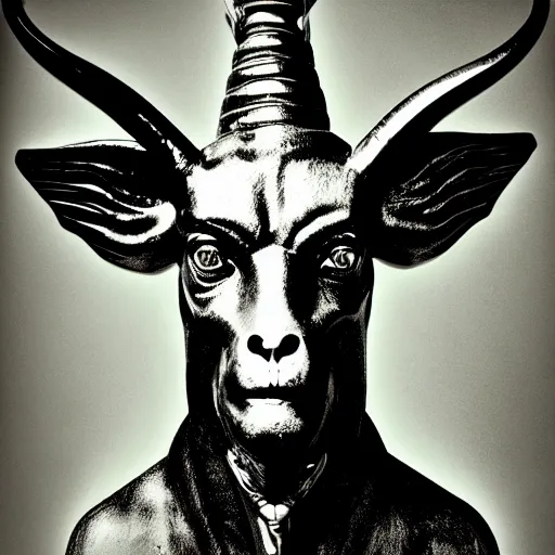 Image similar to a realistic portrait of baphomet, studio photography,