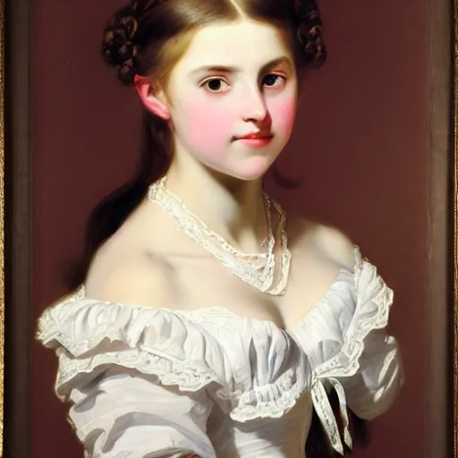 Image similar to portrait of a german teenage princess, circa 1 8 5 0 by franz xaver winterhalter, highly detailed, beautiful, oil on canvas, 1 8 5 0 s, romanticism