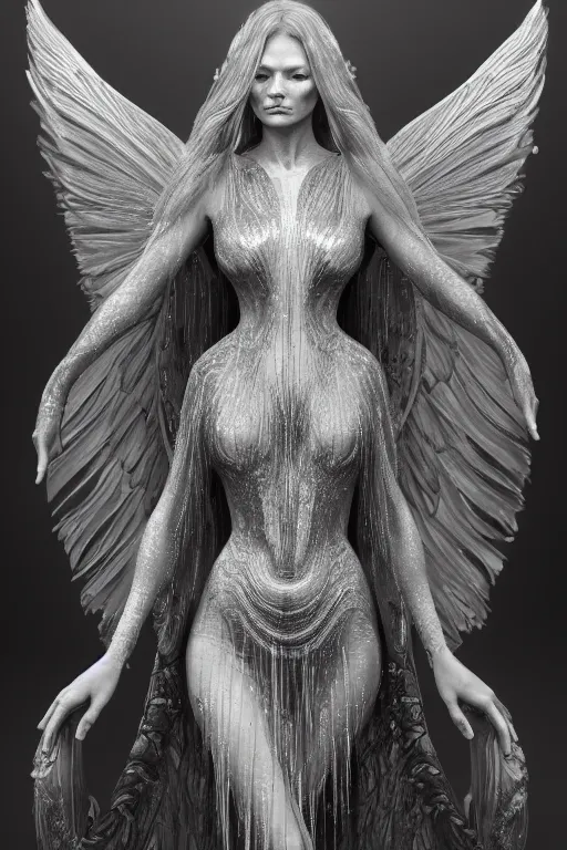 Image similar to a realistic moody photo of a beautiful ancient alien woman goddess kate moss nymph angel standing in iris van herpen dress jewelery and fractals in style of alphonse mucha art nuvo dmt trending on artstation made in unreal engine 4