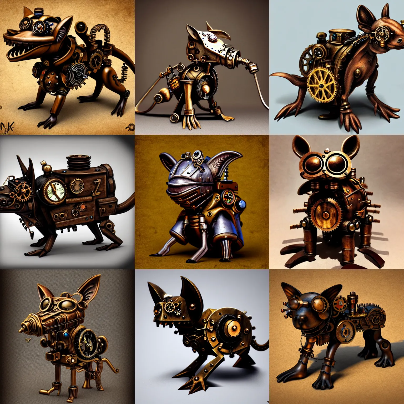 Prompt: steampunk animal pet, small quadruped, wood metal, 8 k, illustration fantasy dnd, highly detailed, concept art, masterpiece