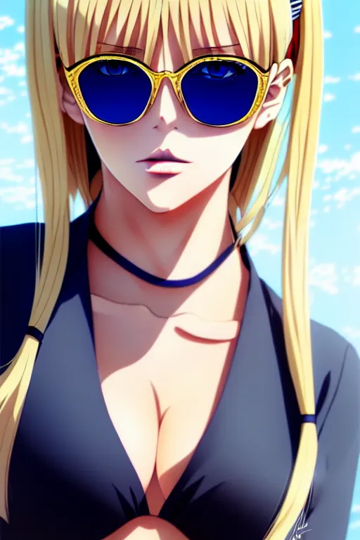 prompthunt: anime portrait of a handsome woman, brown hair, yellow - orange  eyes, wearing sunglasses and two - piece swimsuit, ilya kuvshinov, anime,  pixiv top monthly, trending on artstation, cinematic, danbooru, zerochan