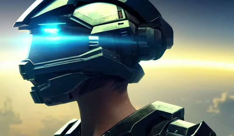 Image similar to cyberpunk halo helmet on space, planet behind, close shot, reflection, epic, dramatic, cinematic, award winning, ultra detailed, realistic, 8k,