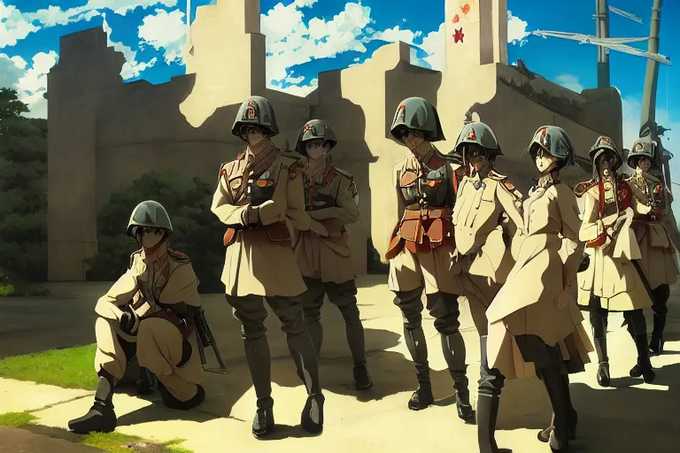 Image similar to anime key visual of high fantasy and world war 2 germany with anime maids as soldiers, dictator fascist nationalist propaganda poster, style of jamie wyeth james gilleard edward hopper greg rutkowski acrylic painting, preserved museum piece, historical