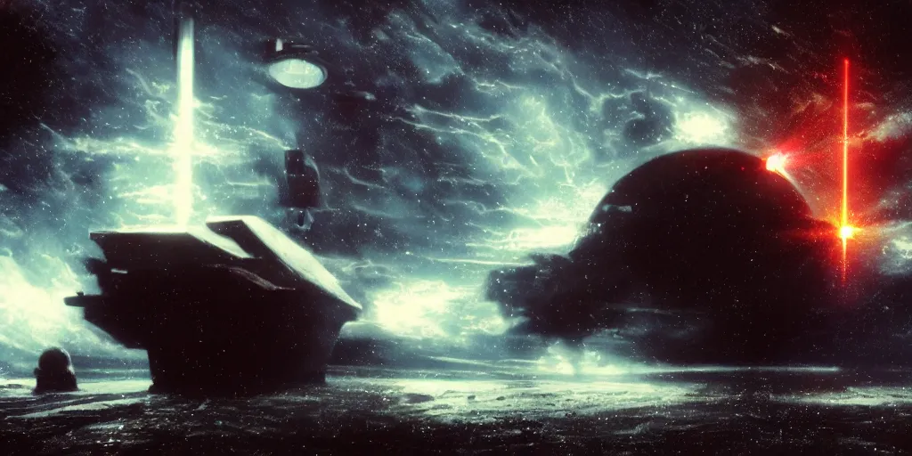 Image similar to space, laser war, spaceship, lasers, meteors, William turner, atmospheric photographic realistic cinematic gritty depth matte painting raining dark volumetric lighting