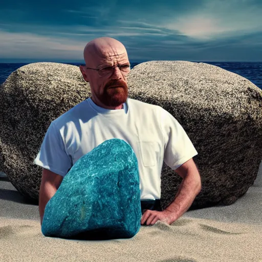 Image similar to Walter White hugging The Rock on the beach, artistic, 8k, cinematic