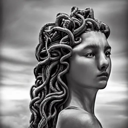 Image similar to medusa looking over shoulder, beautiful girl by Sam Yang