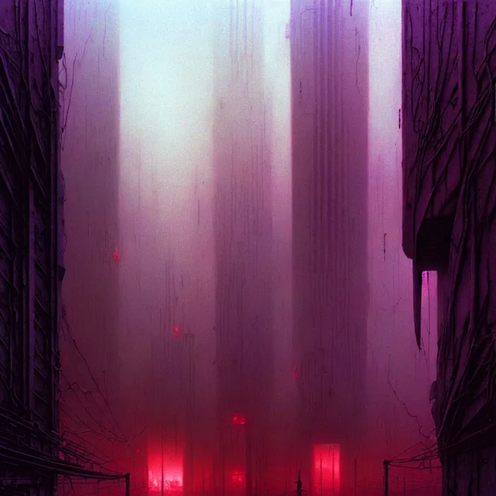 Prompt: ethereal horror of a cyberpunk cityscape, by zdzisław beksinski and greg rutkowski, organic, industrial, surreal, dark, cool colors