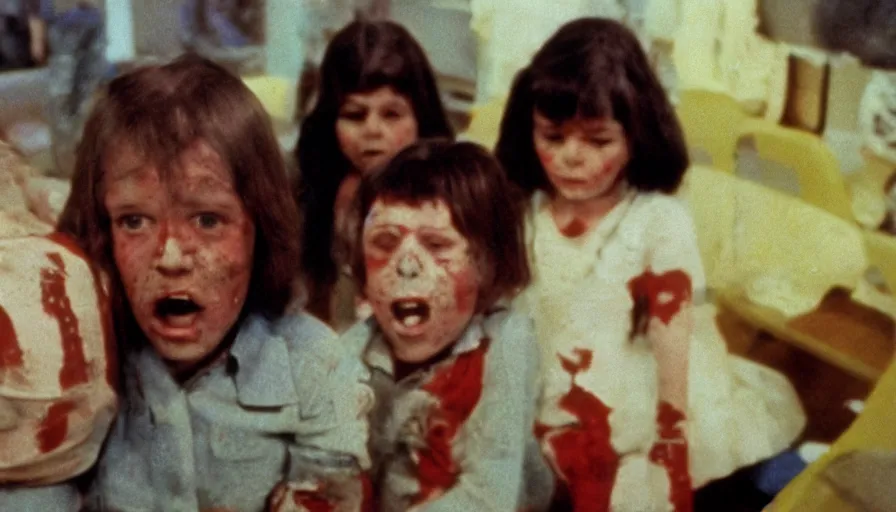 Image similar to 7 0 s film still from a horror movie with diseased children, kodachrome, cinecolor, cinestill, photorealism, cinematic, film grain, film texture, vhs recording